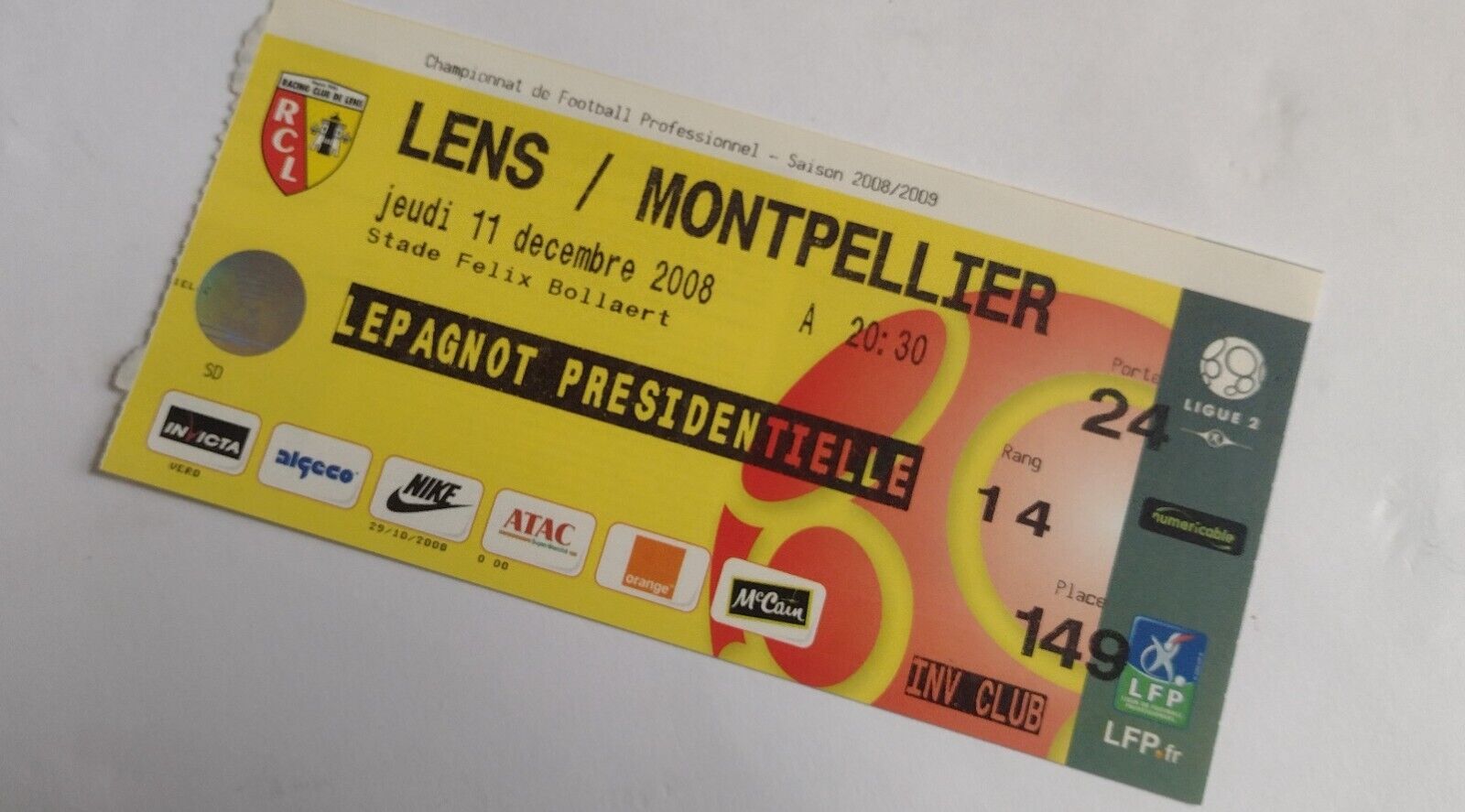 Ticket 2008 Lens V Montpellier 11 December 2008 - Original Main Image