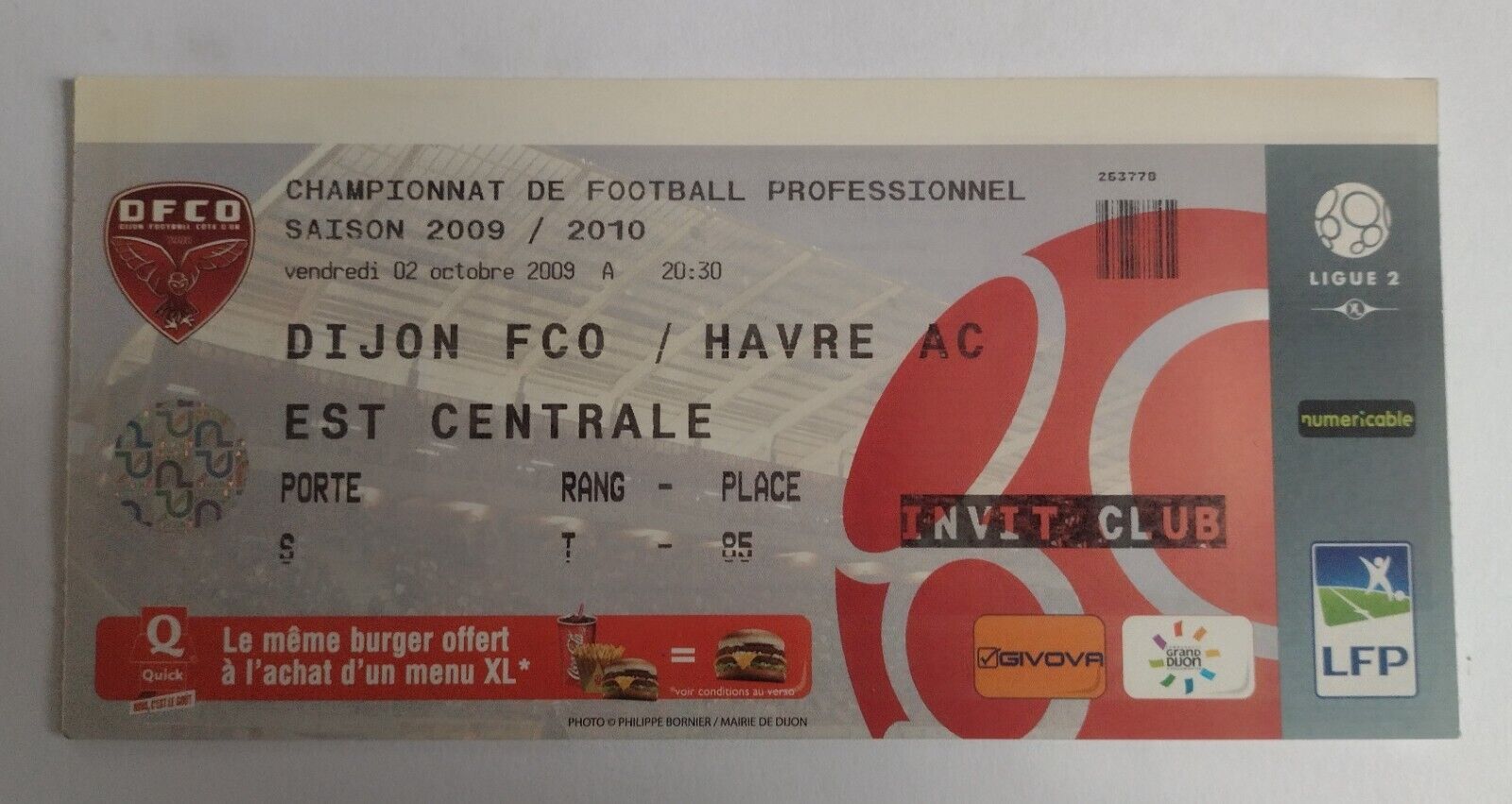 Ticket 2009 Dijon FCO V Havre SC 2 October Championship Match- Original Main Image
