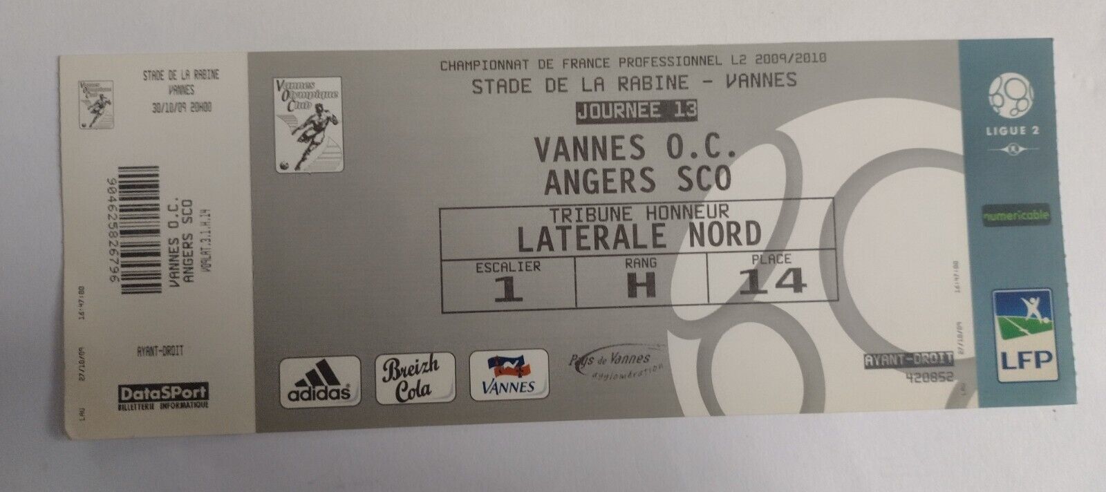 Ticket 2009/10 Valves v Angers 30 Oct at Hede Stadium League 2 French Championsh Main Image