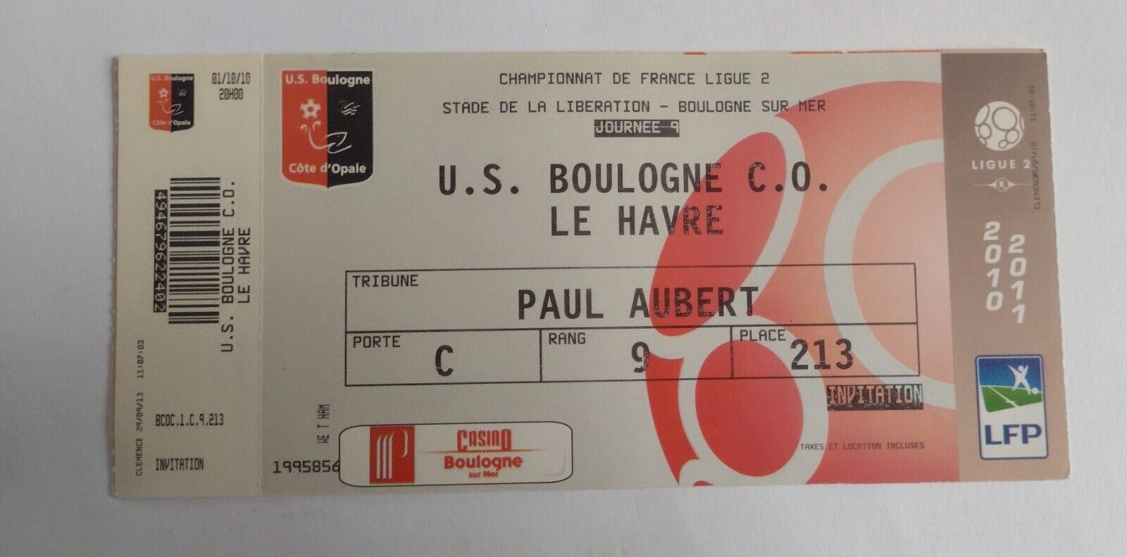 Ticket 2010/11 Boulogne v Le Havre French Championship League 2 Main Image