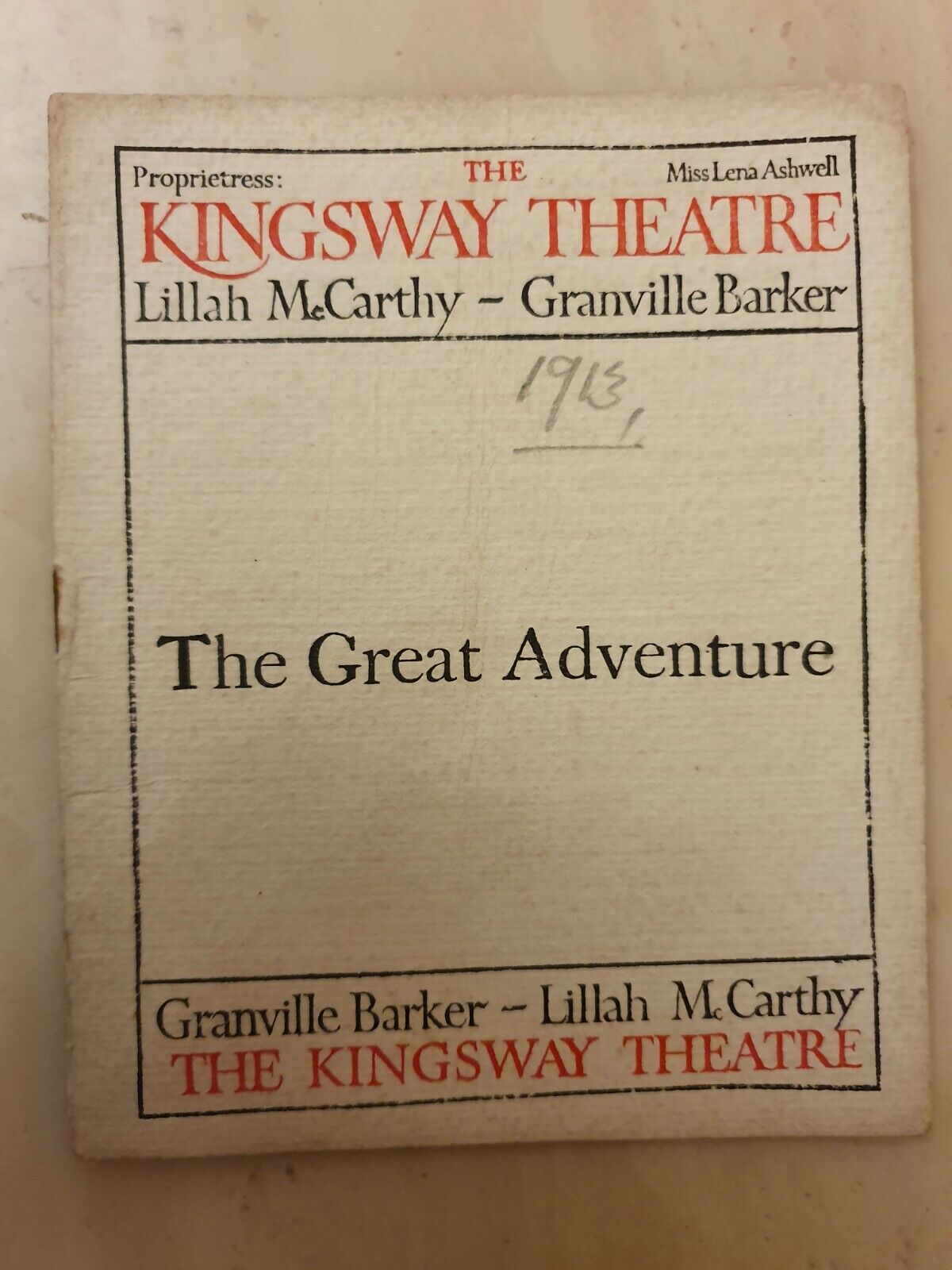 1913 KINGSWAY THEATRE: THE GREAT ADVANTURE - LILLAH McCARTHY GRANVILLE BARKER Main Image