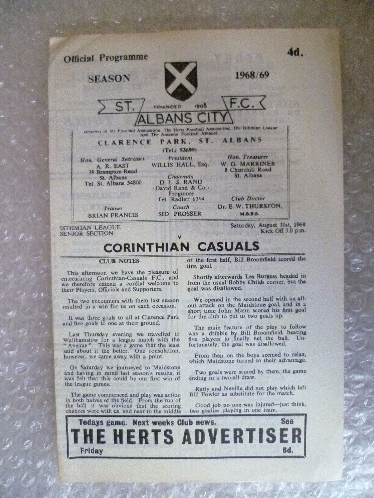 1968/69 ST. ALBANS CITY v CORINTHIAN CASUALS, 31st Aug Main Image