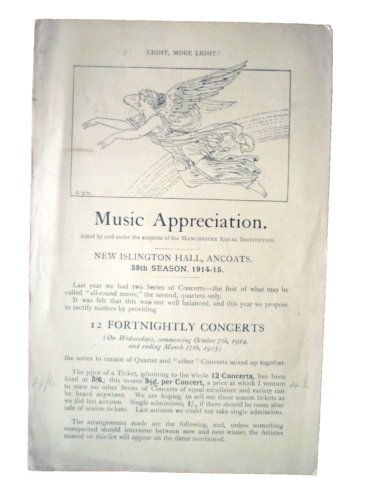 Light More Light - Music Appreciation by Manchester Royal Institution, 1914-15 Main Image