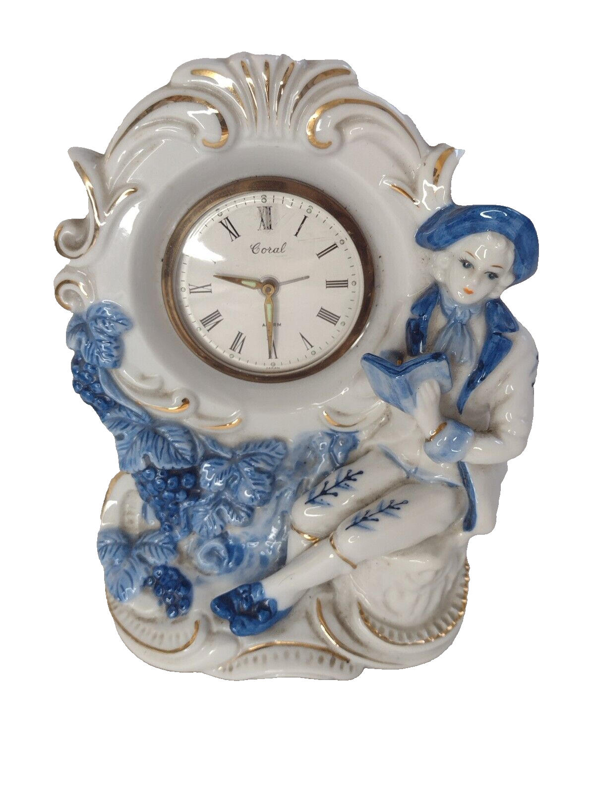 Japanese Coral Alarm Clock Victorian Style Blue & White Ceramic Mantel Desk Main Image