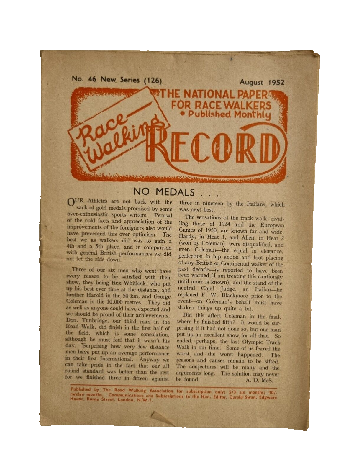 Race Walking Record Magazine Number 46 - August 1952 Main Image