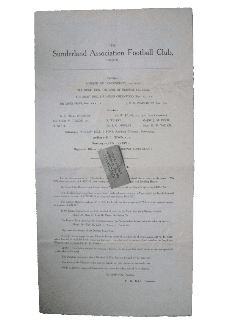 Sunderland FC Ltd Annual Accounts & Directors Reports Y/E 1928, 5th May Rare Main Image