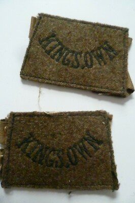 King's Own regiment Slide on Epaulette Cloth Badge Patch ANTIQUE Org - Pair Main Image