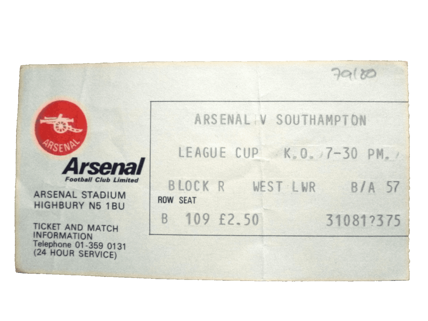 Tickets- League Cup 1979/80 Arsenal V Southampton Main Image