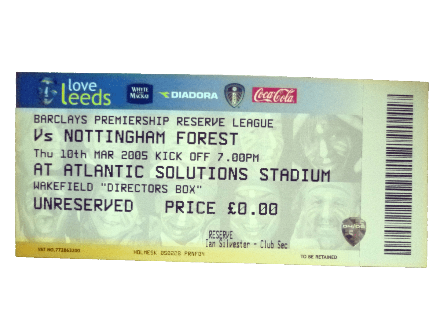 Leeds United v Nottingham Forest 2005 Reserve Match Ticket Directors Box Stub Main Image