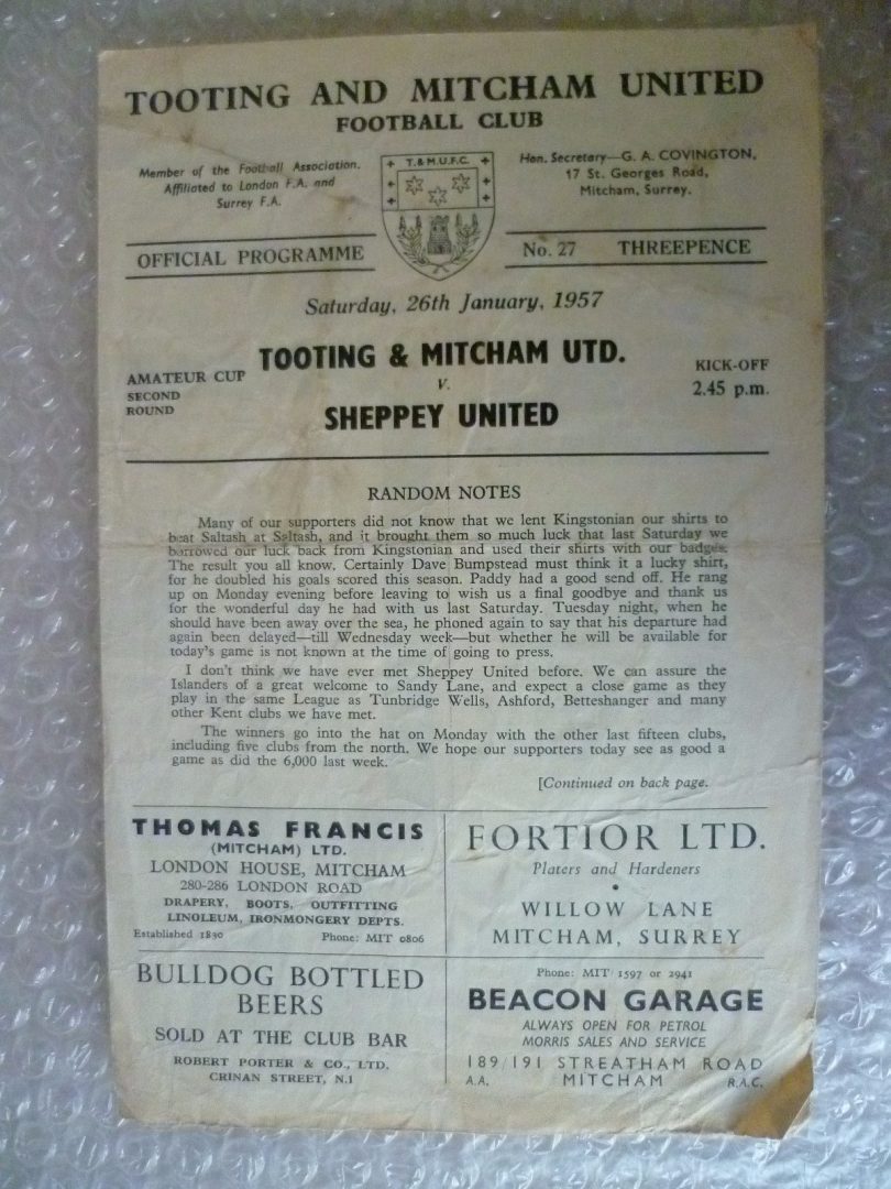 1957 Amateur Cup 2nd RD TOOTING & MITCHAM UTD v SHEPPEY UNITED, 26th Jan Main Image